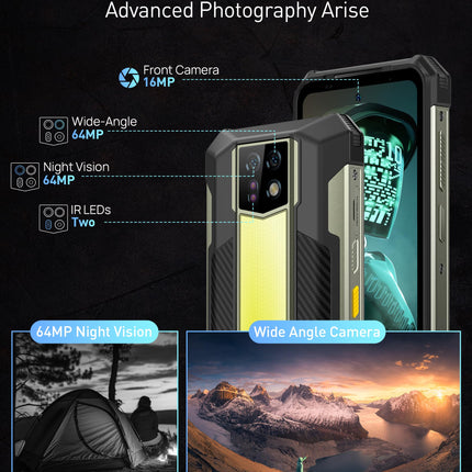 Ulefone Armor 24 õuenutitelefon Android 14 OS 24+256GB/SD-2TB, 22000mAh aku 1000LM telkimisvalgusti õuemobiiltelefon kaheksatuumaline, 6.78 FHD+ 120Hz ekraan, 64MP+64MP kaamera IP68 NFC/OTG/GPS 4G kahe SIM-kaardiga