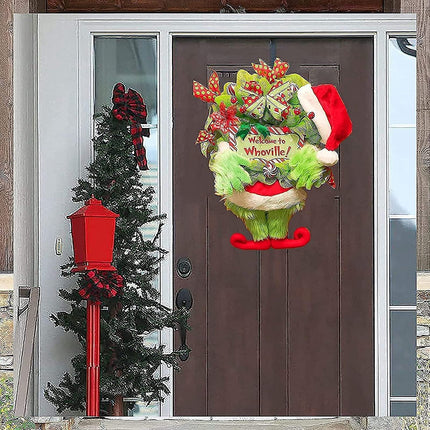 Christmas Thief Wreath for Front Door, Green Ivory Christmas Wreath Hanging Welcome Sign Home Decoration Indoor Outdoor (Green, 46 x 30 cm)