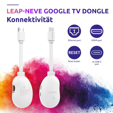 STRONG Leap-Neve 4K UHD Google TV voogedastuspulk Etherneti pordiga, 2 GB muutmälu + 16 GB mälu, WiFi 6, Android 12, integreeritud Chromecast, Google Assistant, Dolby Atmos ja Dolby Vision