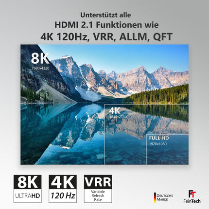 FeinTech SW212 HDMI 2.1 lüliti 2 sisendit 1 väljundit koos HDMI heli ekstraktoriga 4K 120Hz ja automaatse lülitusega, 8K 60Hz, VRR, ALLM, heli jagaja optiliseks SPDIF Toslinkiks ja 3,5 mm pesaks