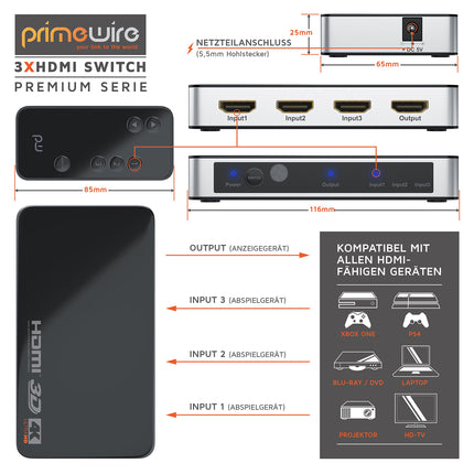 CSL - HDMI-lüliti 4k 60Hz - 3 sisendit 1 väljund - 4k Ultra HD - puldiga - automaatne lülitus - 3-pordiline HDMI-jaoturlüliti - 4096x2160 - ühildub Fire TV Stick UHD TV PS4 PS5 Xbox DVD-ga