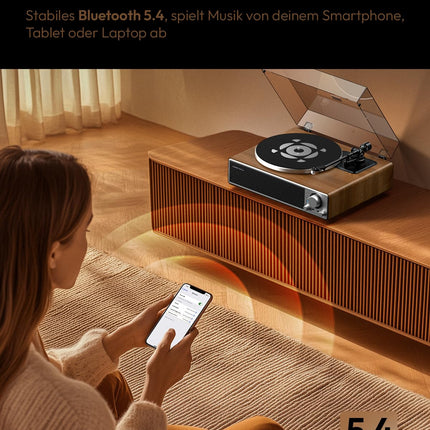 Qlearsoul ONE-Q plaadimängija, kõik-ühes HiFi plaadimängija sisseehitatud kõlaritega, Bluetooth 5.4, Phono eelvõimendi, magnetiline helipea AT-3600L, 33/45 p/min, kaks kiirust