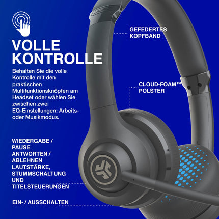 JLab Go Work 2. põlvkonna peakomplekt mikrofoniga Bluetooth ja USB-C adapteriga, 55+ tundi aku, kõrvapealsed juhtmevabad peakomplektid mikrofoni ja mitmikühendusega, juhtmevabad või juhtmega, arvuti, mobiiltelefonide ja kontori jaoks