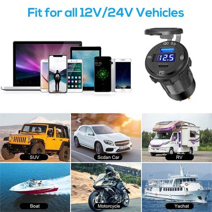 Linkstyle USB autolaadimispesa, 72W QC3.0 ja kahe PD USB C laadijaga toitepaneel lülitiga LED voltmeetriga 12V sõidukitele