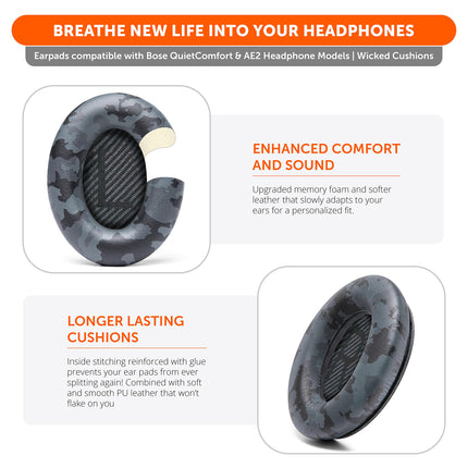 WC Wicked Cushions Replacement Ear Pads Compatible with Bose QuietComfort 35 (QC35) &amp; QuietComfort 35ii (QC35ii) Headphones &amp; More - Improved Comfort &amp; Durability | Black Camo