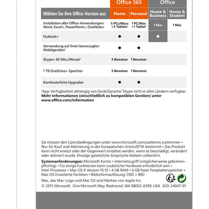 Microsoft Office Mac Home and Business 2016 (tootevõtmekaart ilma andmesalvestuseta)