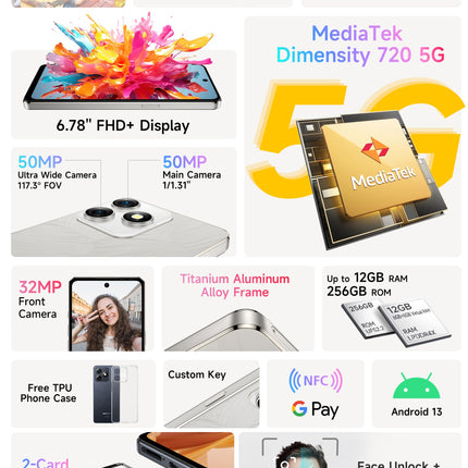 Ulefone Note 18 Ultra 5G nutitelefon, 12GB+256GB/SD-2TB mobiiltelefon ilma lepinguta 50MP+32MP 6.78" FHD+ 5450mAh Android 13 MTK Dimensity 720 mobiiltelefon 5G, kahe SIM-kaardiga 5G lukustamata mobiiltelefonid NFC 2-aastane garantii valge