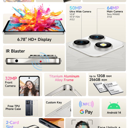 Ulefone Note 18 Pro nutitelefon, 12 GB + 256 GB / 2 TB laiendatav mobiiltelefon ilma lepinguta, 64 MP + 32 MP kaameraga nutitelefon ilma lepinguta, 6,78" HD+ ekraan, 5450 mAh aku, Android 14, OTG/NFC/GPS/kahe SIM-kaardiga mobiiltelefon - hall