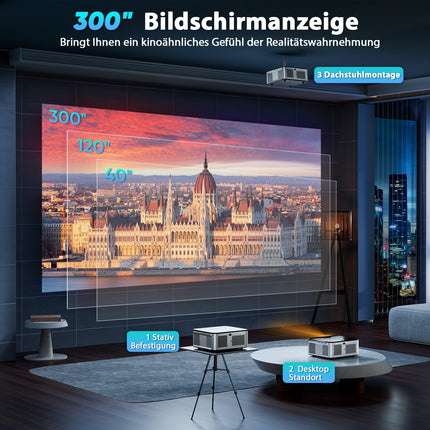 XIWBSY projektor 4K, 20000 luumeniga LED-projektor Androidile, Full HD 1080P Bluetooth-projektor, LED-kodukino videoprojektor 300 '' ekraan, sisseehitatud rakendus/WiFi peegeldav nutiprojektor