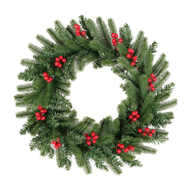 Christmas wreath for the front door with 12 red berries, 120 pine leaf tips, artificial Christmas garland made of PVC+PE, hanging wreath, Christmas decoration for indoor outdoor window fireplace wall