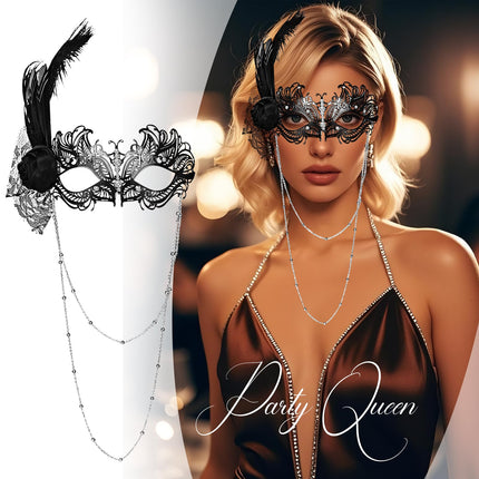 Cupimatchi Veneetsia maskeraadi sulgedest mask: elegantne metallist silmamask sulgede ja kettidega, vintage pitsist lillemask, luksuslik printsessipalli mask Halloweeni karnevaliks, Mardi Gras, must