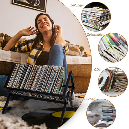 Mosegori plaadialus vinüülplaatide hoidik 80–100 LP-le plaadikaunistus vinüülalus must metall plaadiriiul ajalehealus plaadialus CD-riiul DVD-alus