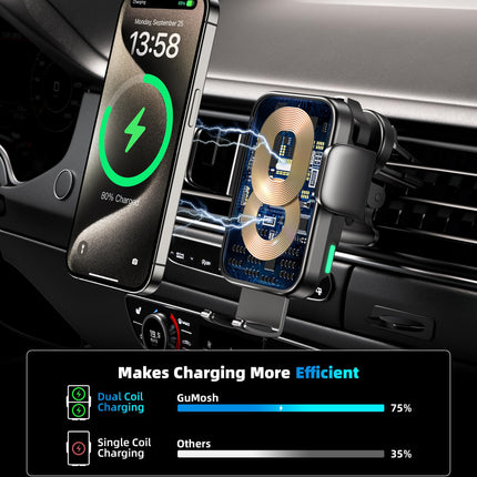GuMosh 15W autotelefoni hoidik laadimisfunktsiooniga, [topeltmähis] [360° automaatne kinnitus] induktiivne laadimisjaam auto juhtmevaba laadija ventilatsiooniks + iminapp, autolaadija iPhone 16-12/Samsungile