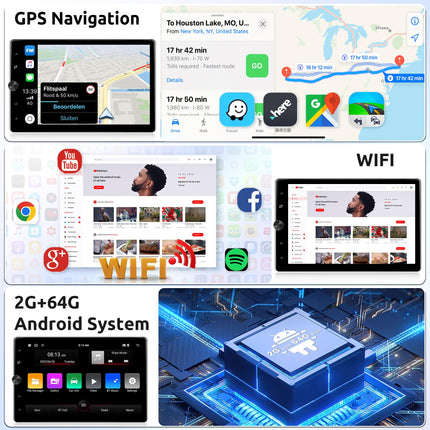 2G+64G juhtmevaba Carplay Android autoraadio 1 DIN koos Android Auto GPS Nav WiFi ISO-kaabliga 10,4-tolline käsitsi pööratav ekraan autoraadio peegliühendusega Bluetooth FM/RDS/EQ/DAB/OBD/DVR tahavaatekaamera