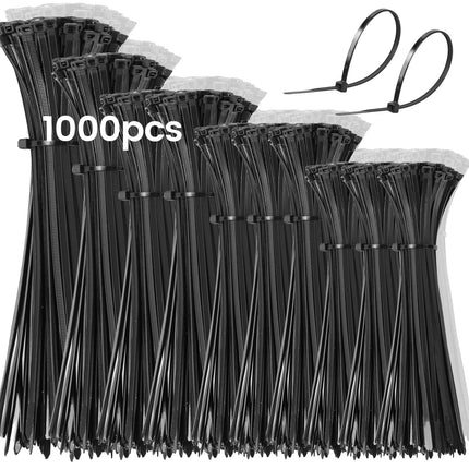 Hosuni 1000 pieces cable ties black, 100/150/200/250/300 mm cable tie set, robust nylon cable ties for cable management, home, garden, office and DIY
