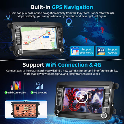Podofo 8+128G autoraadio VW Golf 5 6 Polo istmele Skodale koos juhtmevaba Carplayga Android Auto, 7-tolline Android 13 autoraadio ekraani, Bluetoothi, WiFi, GPS-i, RDS-i + tahavaatekaamera ja mikrofoniga