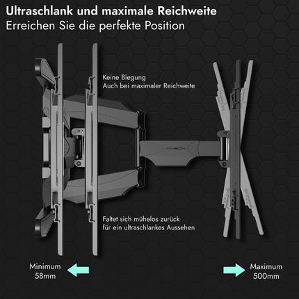 Invisioni teleri seinakinnitus 37–75-tollistele ekraanidele, pööratav, kallutatav ja pikendatav telerikinnitus lamedatele ja kumeratele teleritele, maksimaalne kaal 50 kg, VESA 200x100 mm kuni 600x400 mm (DXL-DE-IA)