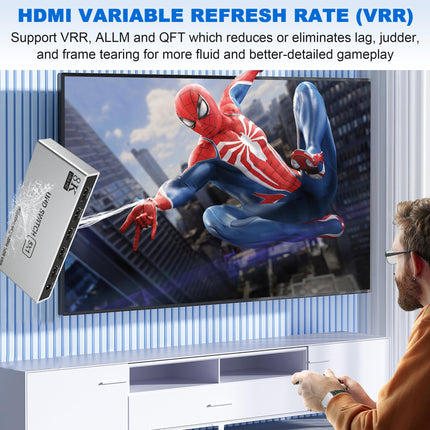 HDMI-lüliti HDMI-jaotur 8K 60Hz/4K 120Hz, alumiiniumist HDMI 2.1 lüliti 5 sisse 1 väljundiga HDMI-jaotur IR-puldiga, HDMI-lüliti toetab 3D HDR10 HDCP2.3 VRR 48Gbps teleri, PS5, Xboxi, Blu-Ray jaoks