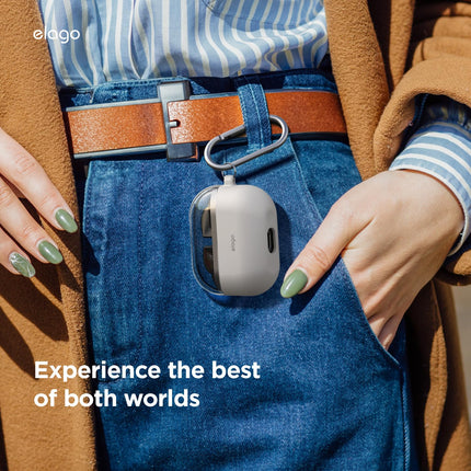elago Compatible with Samsung Galaxy Buds 3 Case &amp; Galaxy Buds 3 Pro Case, Duo Case with Carabiner, Premium Silicone + TPU Case, Wireless Charging, Earphone Accessories, for Men, for Women (Taupe)