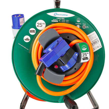 Electraline 49208 Cable reel Industrial Camping H07RN-F 3G2.5 25M cable - IP44 outdoor/Cable reel with rubber extension, with 2 sockets (Schuko + Industrial CEE), Green