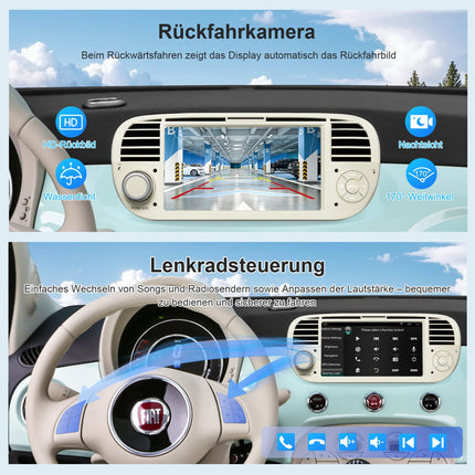 Autoraadio FIAT 500-le (2007-2015), 7-tolline IPS HD ekraan, juhtmevaba CarPlay ja Android Auto, GPS-navigatsioon, Wi-Fi, Bluetooth 5.2, tahavaatekaamera, hääljuhtimine, SWC ja FM-raadio