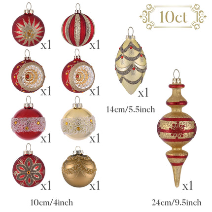 Valery Madelyn Glass Christmas Ornament Set, 10 Karat Red and Gold Hanging Ornaments for Christmas Trees, Mercury, Luxury Christmas Decorations, Ball Ornaments, Bulk Pack for