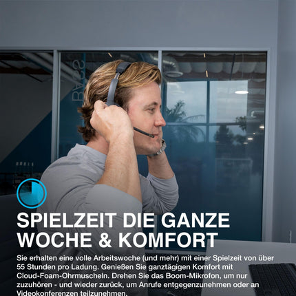 JLab Go Work 2. põlvkonna peakomplekt mikrofoniga Bluetooth ja USB-C adapteriga, 55+ tundi aku, kõrvapealsed juhtmevabad peakomplektid mikrofoni ja mitmikühendusega, juhtmevabad või juhtmega, arvuti, mobiiltelefonide ja kontori jaoks