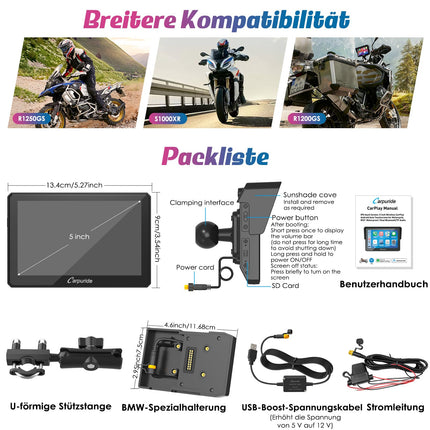2025. aasta Carpuride W502B mootorratta Carplay ekraan BMW R1200GS R1250GS S1000XR mootorrattale, 5-tolline veekindel puuteekraan, kaasaskantav Carplay/Android Auto, GPS-navigatsioon, kahekordne Bluetooth