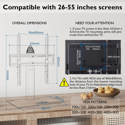 BONTEC telerialuse pöörlev alus 26–55-tollistele LCD LED OLED plasmateleritele ja kumeratele teleritele kuni 45 kg, kõrguselt reguleeritav ja stabiilne. Max. VESA 400x400