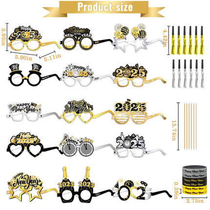 DPKOW Black Gold Silver New Year's Eve Decoration 2025 New Year's Eve Decoration Accessories New Year's Eve Party Hats Happy New Year Headband New Year's Eve Glasses Silicone Bracelet Horns for Decoration New Year's Eve Party 2025