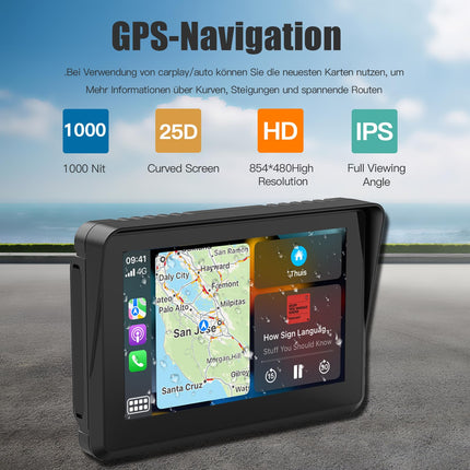 CARabc Apple CarPlay&amp;Android Auto 5 inch Motorcycle IPS Touchscreen, GPS Navigation Device/Portable Wireless/IPx7 Waterproof Anti-theft, Support for Siri/Google Assistant.
