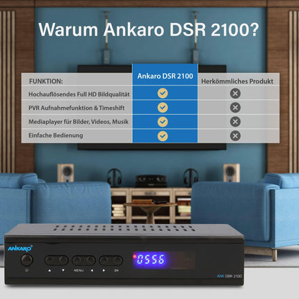 Ankaro 2100 DSR HD satellite receiver with PVR recording function for satellite dish, AAC-LC audio, single-cable compatible, HDMI, SCART, COAXIAL, USB 2.0, timeshift, receiver for satellite TV + HDMI cable