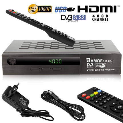hd-line Bamof 2225 PRO satelliitvastuvõtja digitaalne satelliitvastuvõtja (HDTV, DVB-S/DVB-S2, HDMI, SCART, 2x USB, Full HD 1080p) [eelprogrammeeritud Astra, Hotbird ja Türksat jaoks] + HDMI-kaabel, must
