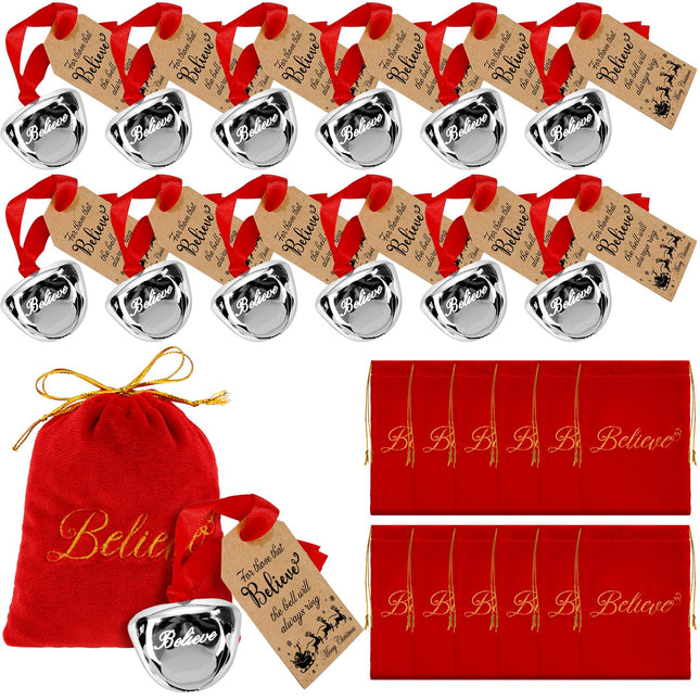 Paterr 12 komplekti Polar Santa Sleigh Bell kingitus põhjapõdrakell jõulud usu kelluke kaunistused lahtiselt jõulupeo kingitused meened punane sametkott usu sildid jõulupuu kodu