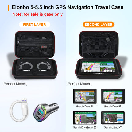 Elonbo GPS-kandekott 5-5,5-tollisele Garmin Drive 51/52/53, DriveSmart 55, Garmin zūmo XT, dēzl OTR500, zūmo 396 LMT-S GPS-navigatsioonisüsteemile, lisavõrgust tasku autolaadija USB-kaablile, must