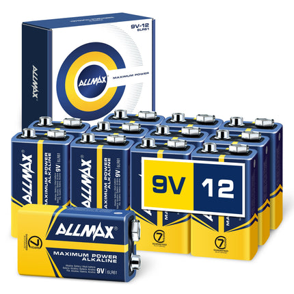 Allmax 9V plokk (6LR61) maksimaalse võimsusega leelispatareid (12 tk pakis) - ülipika tööeaga, 7-aastane säilivusaeg, lekkekindel disain - ideaalne suitsuanduritele ja juhtmevabadele mikrofonidele (9 volti)