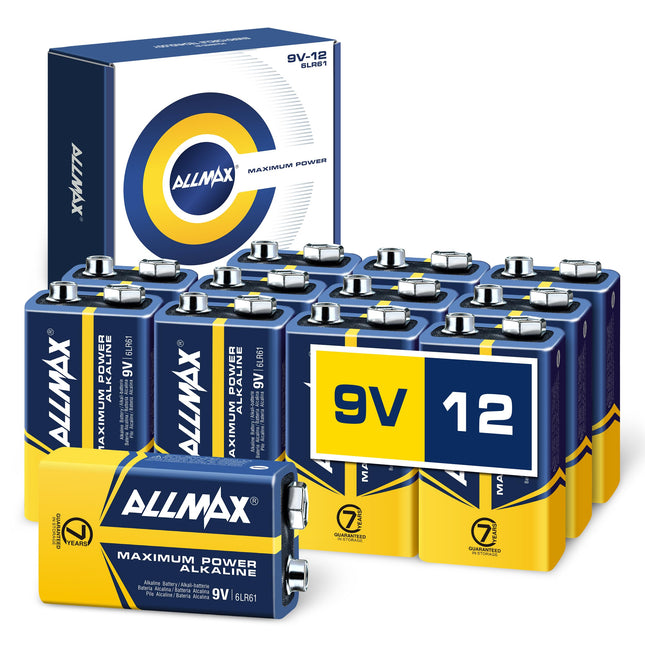 Allmax 9V plokk (6LR61) maksimaalse võimsusega leelispatareid (12 tk pakis) - ülipika tööeaga, 7-aastane säilivusaeg, lekkekindel disain - ideaalne suitsuanduritele ja juhtmevabadele mikrofonidele (9 volti)
