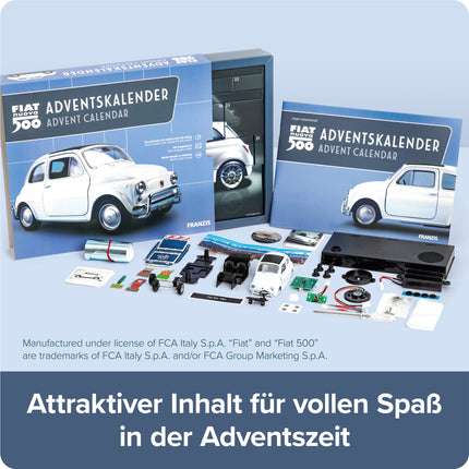 FRANZIS 67168 - Fiat 500 Advent Calendar, metal model kit in 1:38 scale, including sound module and 52-page accompanying book
