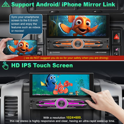 [Uuendus] Ühe DIN-pesaga autoraadio CarPlay ja Android Auto funktsioonidega, 6,8-tolline HD IPS-puuteekraan, autoaudio vastuvõtja peakomplekt toetab Bluetooth 5.2, FM/AM, SWC, Mirrorlink, USB Type-C laadimine + tahavaatekaamera