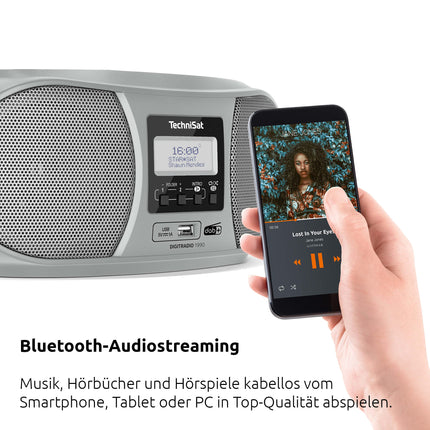 TechniSat DIGITRADIO 1990 - Stereo Boombox with DAB+/FM Radio and CD Player (Bluetooth Audio Streaming, Headphone Jack, USB, AUX In, Charging Function, Clock, 2 x 1.5 Watt Output Power) Silver