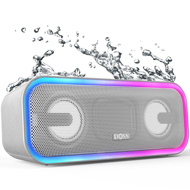 DOSS SoundBox Pro+ Bluetooth-kõlar, 24 W stereoheli, lisabass, 15-tunnine aku, IPX6 veekindel, värviline valgusshow, stereo sidumine, Bluetooth-muusikakarp telefonile, õues, rannas, kodus - hall