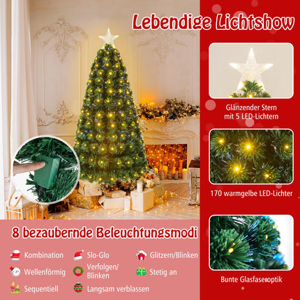 COSTWAY 150 cm kunstkuusk tuledega, kuusk 8 valgustusrežiimiga, 170 sooja valget LED-tuld, jõulukuusk fiiberoptilises optikas, valgustatud täht, kunstkuusk