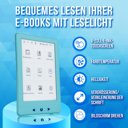 Silvergear® Backlit eBook Reader | 6-inch E-Ink Touchscreen | 4 GB Storage for 3,000+ eBooks | E-Reader | Anti-Glare and Lightweight | Blue
