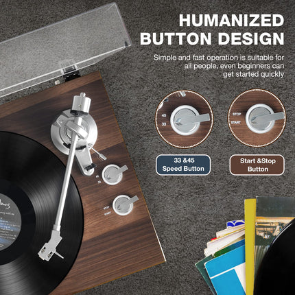 SeeYing Belt Drive Turntable Bluetooth Vinyl Record Player 33 or 45 RPM with Phono Preamp Magnetic Cartridge and Counterweight Wireless Output Connectivity