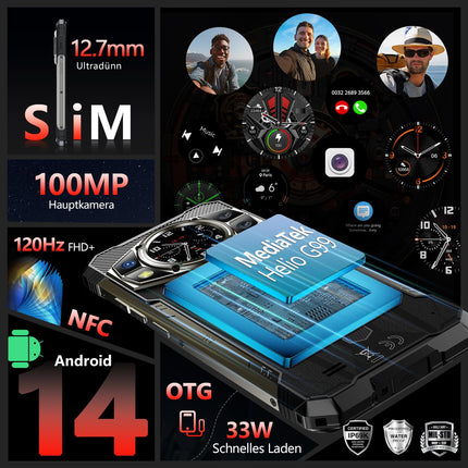 CUBOT Kingkong AX (2024) õuemobiiltelefon Android 14 - lepinguta õuenutitelefon, 24GB+256GB/1TB ehitusplatsi telefon, 100MP nutitelefon, 6,58'' FHD+120Hz, 1,32" tagumine ekraan, 5100mAh(33W)/IP68/NFC/GPS