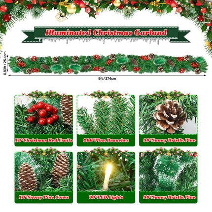 Christmas Garland with Lights - 2.7 M/9FT Garland Christmas Decoration with 30 LEDs, Artificial Christmas Wreath for Fireplace, Stairs, Door, Window, Indoor, Outdoor
