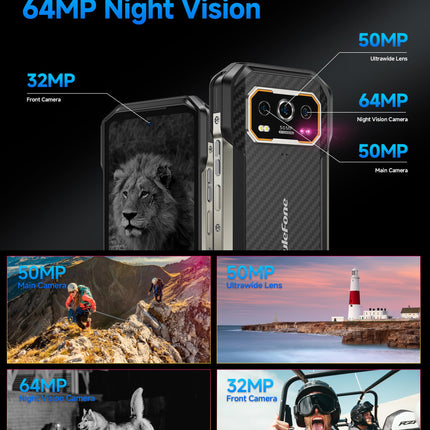 Ulefone Armor 27 õuemobiiltelefon Android 14 nutitelefon 64MP+50MP+50MP+32MP kaamera 24GB + 256GB/SD-2TB 10600mAh aku, 6.78-tolline FHD+ 120Hz, toetab 33W kiirlaadimist 4G kahe SIM-kaardiga GPS/NFC/OTG