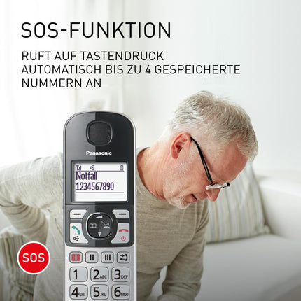 Panasonic KX-TGE522GS DECT senior telephone with emergency call (large button telephone with answering machine, cordless, telephone DUO) silver-black, max 1.5h - talk, 4.6cm display, 150 entries, max 330h standby,