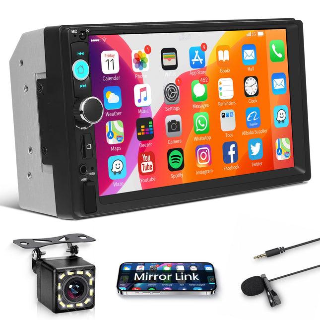 Rimoody autoraadio 2 DIN Bluetooth-vabakäevarustusega, iOS/Android Mirror Link, 7-tolline autoraadio, topelt-DIN Bluetooth-ühendusega, FM-raadio, USB/AUX/TF-raadio, roolilt juhtimine, tahavaatekaamera