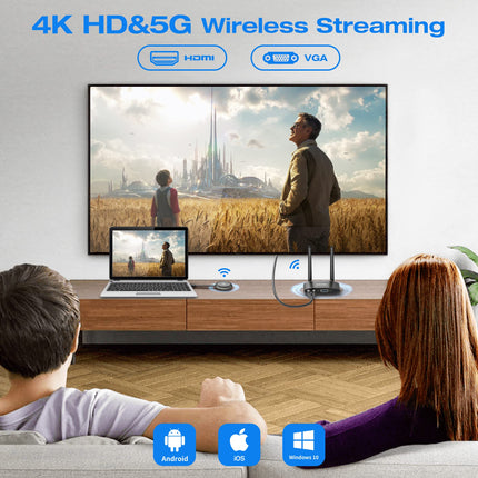 MpioLife 4K/5G juhtmevaba HDMI saatja ja vastuvõtja, 165FT juhtmevaba HDMI saatja ja vastuvõtja, VGA ja HDMI kahe ekraaniga juhtmevaba edastus sülearvutist/telerist/kaamerast telerisse/projektorisse, kodukino/koosolekute jaoks